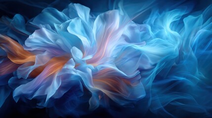 A mesmerizing abstract depiction of flower-like forms in blue and orange, featuring fluid movements that evoke emotions of serenity and tranquility.