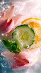Refreshing close up of lemon slice cucumber mint leaf and pink flower petals submerged in sparkling water. Bubbles rise around the vibrant ingredients creating a fresh natural and invigorating atmosph