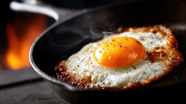 A deliciously fried egg sizzling in a cast iron skillet, showcasing culinary perfection and simplicity, ideal for food photography or breakfast-themed projects.