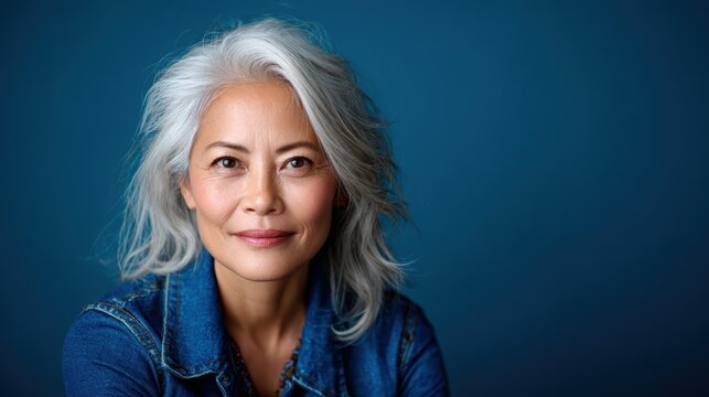 A graceful woman with flowing gray hair and a warm smile, set against a contrasting blue backdrop that emphasizes her features, radiating confidence and poise.