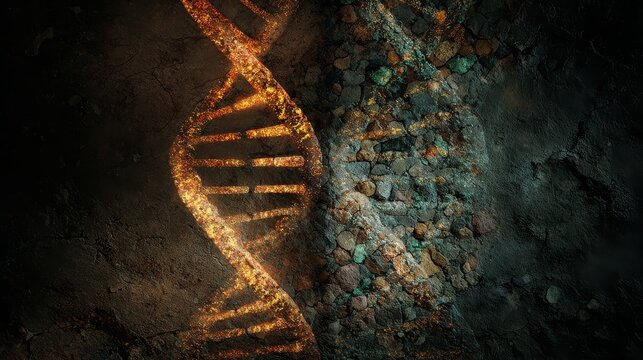 Two ancient DNA strands diverging, one glowing brightly with intricate patterns, the other fading into fossilized fragments, symbolizing evolution and decay.