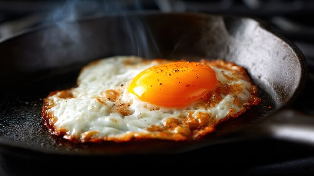 A perfectly cooked fried egg showcasing a golden yolk nestled within crispy white edges, served in a sizzling cast iron skillet on a stovetop background. - Powered by Adobe