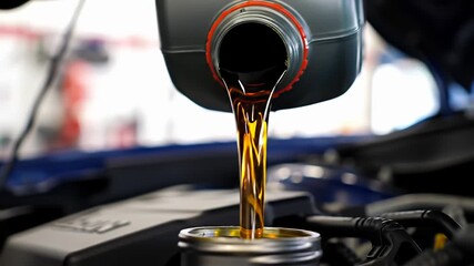 Engine oil being poured from a gray bottle into an engine opening at eye level