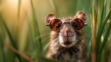 This whimsical photo features a cute rodent sporting trendy sunglasses, highlighting the playful side of nature and a lighthearted approach to wildlife photography.