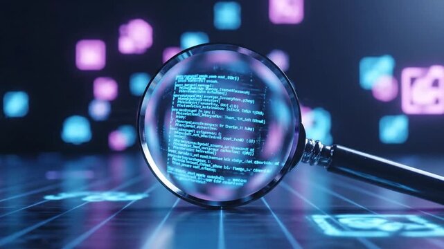 Magnifying Glass Focusing on Code Displayed in a Neon Lit Cybernetic Environment