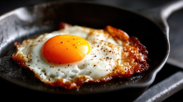 A perfectly fried egg with a bright yolk resting on a cast iron skillet, showcasing the golden edges and inviting look of breakfast food ready to be enjoyed. - Powered by Adobe