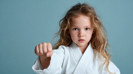 A focused child, dressed in a karate gi, strikes a determined pose, embodying strength, discipline, and the spirit of martial arts in a captivating and inspiring manner.