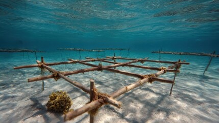 Fototapeta premium Underwater coral nursery frame in clear lagoon, showcasing serene marine environment. structure supports coral growth, promoting marine biodiversity and conservation efforts