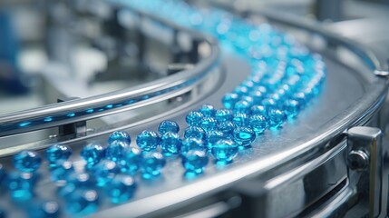 Automated production line with translucent blue capsules on silver metal conveyor belt in modern pharmaceutical manufacturing facility