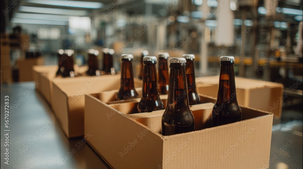 Poster bottles of dark beverage are neatly arranged in cardboard packaging, showcasing production line in f