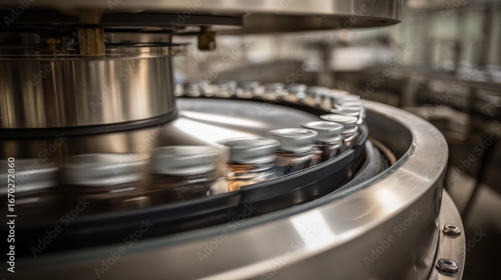 Poster automated machinery in factory setting showcases dynamic motion of conveyor belt transporting sealed