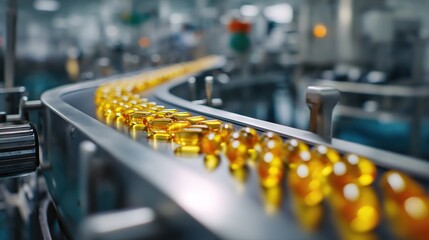 Obraz premium Golden softgel capsules with liquid fill on curved metal conveyor belt in modern pharmaceutical production facility