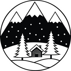 Obraz premium A black and white silhouette depicts a cozy cabin with a mountain backdrop, framed by three stylized pine trees.