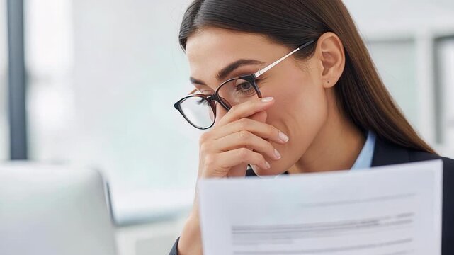 Distressed woman rubbing nose suffering from seasonal allergies or emotional pain indoors