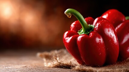 A vibrant red bell pepper glistens with water droplets on a rustic wooden table, highlighting its freshness and appeal in a warm, inviting setting for culinary use.
