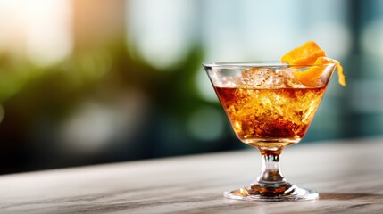 This sophisticated cocktail, garnished with an orange slice, is elegantly set against a blurred background, embodying a refreshing yet classy drinking experience.