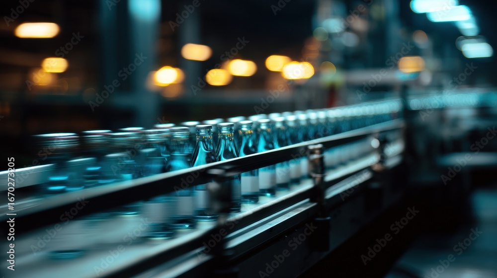 Poster long exposure shot captures production line with bottles moving swiftly along conveyor belt in facto