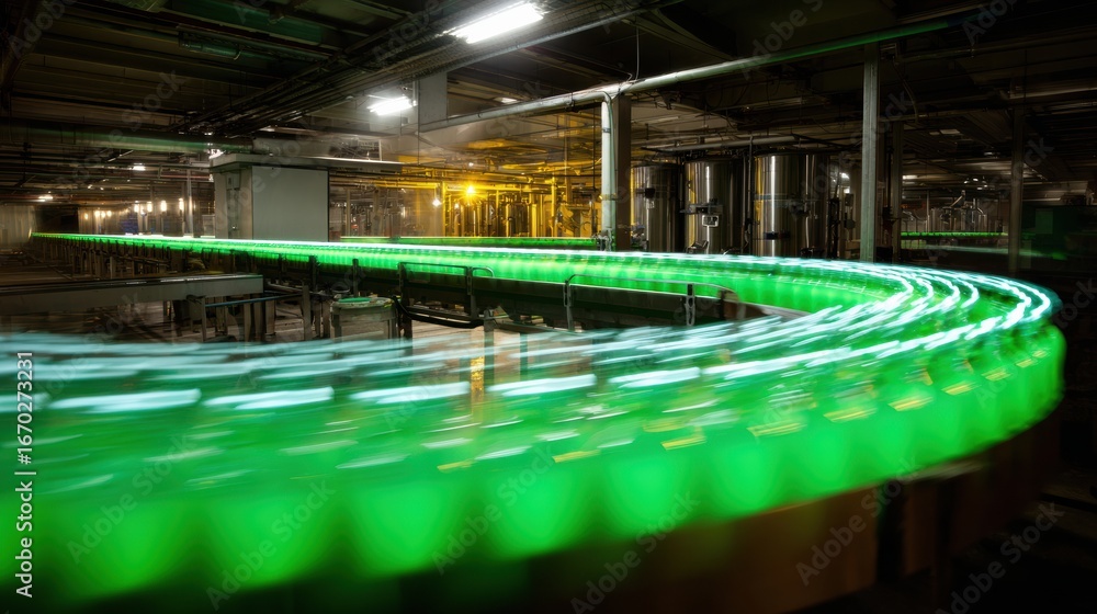 Poster vibrant long exposure shot captures production line with glowing green bottles moving swiftly along 