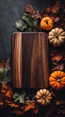 Wooden cutting board framed by autumnal pumpkins and leaves - Thanksgiving cooking preparation