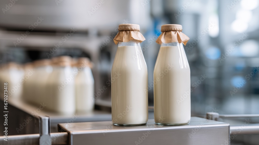 Poster fresh oat milk bottles in sterile factory setup showcase minimalistic design, emphasizing high fidel