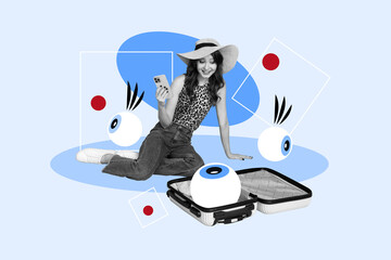Image full pop trend collage of happy girl hold phone booking travel suitcase eyeball stare...