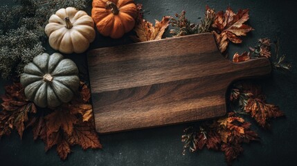 Wooden cutting board framed by autumnal pumpkins and leaves - Thanksgiving cooking preparation