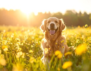 Golden Retriever in a field of flowers at sunset