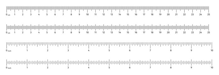 Ruler scale with markings and numbers. Size indicators measuring tool. Ruler scale with centimeters and inches units. Vector