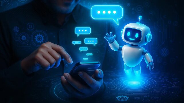 A chatbot interacting with a user on a smartphone, showcasing AI-driven conversations, messaging, and digital customer service.