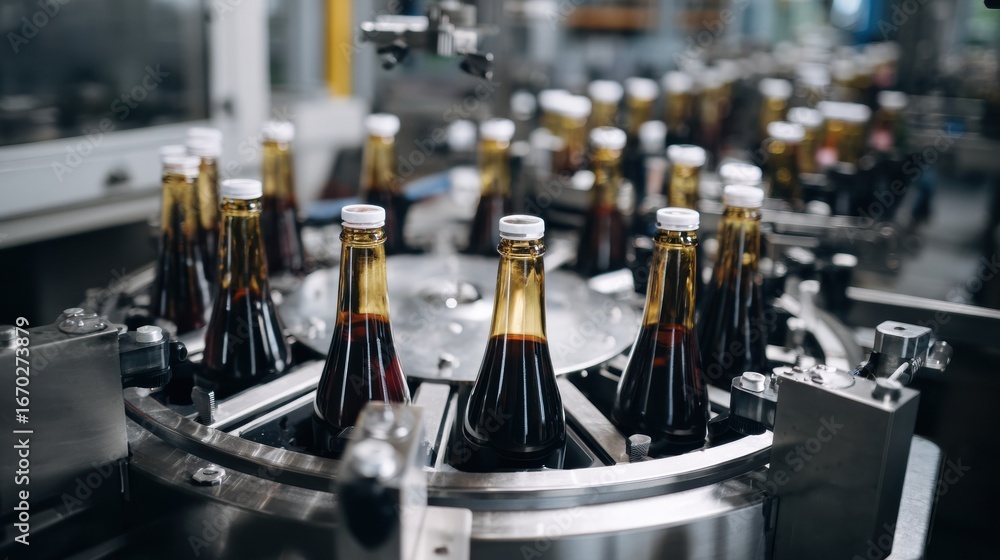 Poster bottles filled with dark liquid are arranged in rotating filling carousel, showcasing modern product