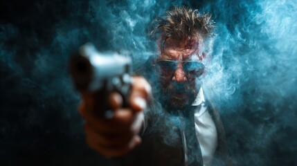 A striking image of a man pointing a gun in a smoky atmosphere. The intense expression adds drama and intrigue, evoking themes of tension, conflict, and resilience.