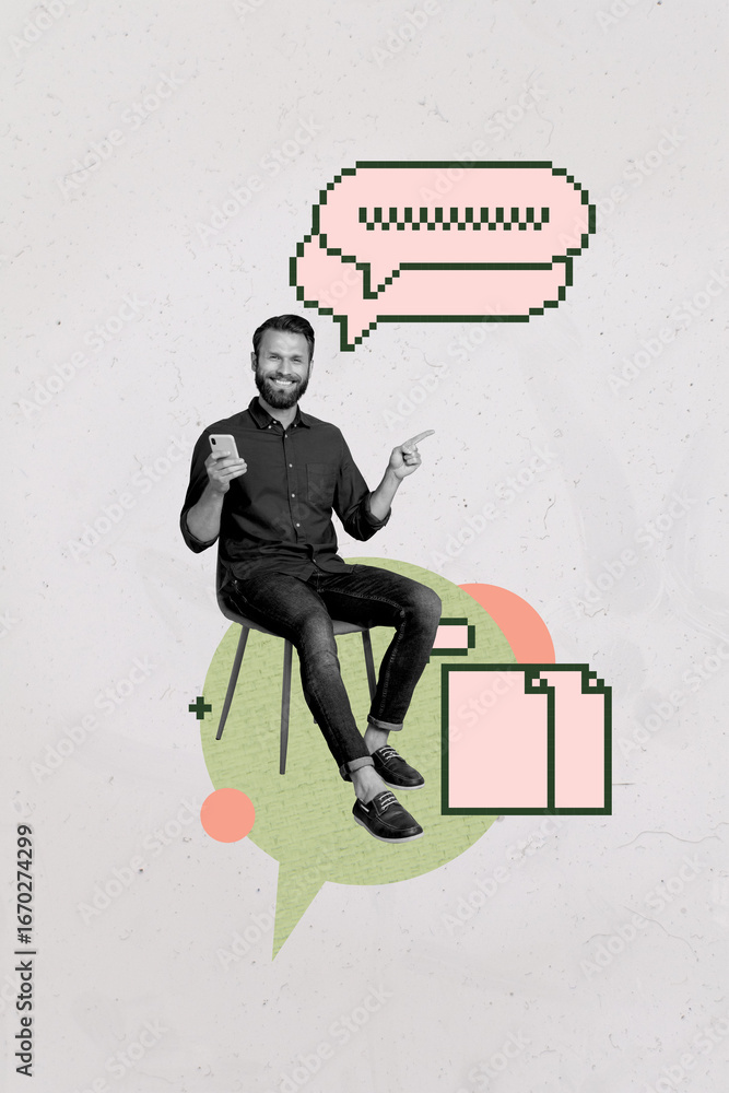 Aufkleber pop image collage of person stand point on grey background with pixel textbox files
