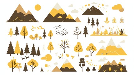 Stylized mountain and forest illustrations in warm colors