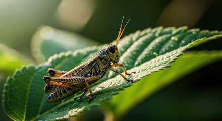 Fototapeta premium Close-up of a grasshopper on a vibrant green leaf
