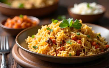 Biryani rice with traditional items on background. High quality