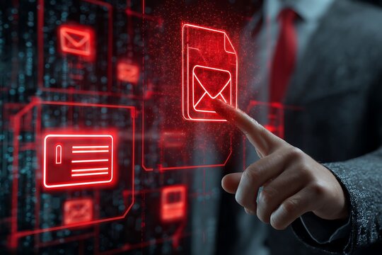 Email phishing attack warning with digital alert icon. Concept of cybersecurity threat, scam email, malware, spam detection, data breach, and secure communication system.