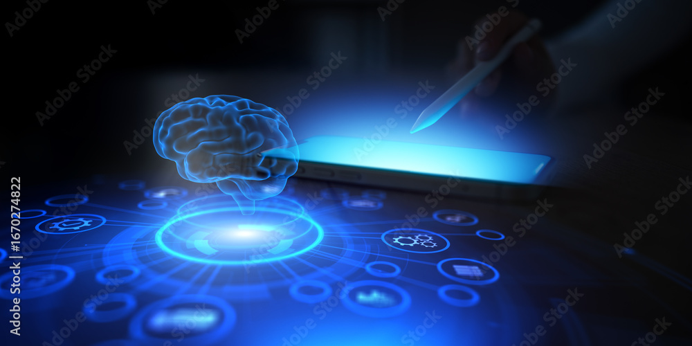 Poster artificial intelligence brain visualization on digital touchscreen.