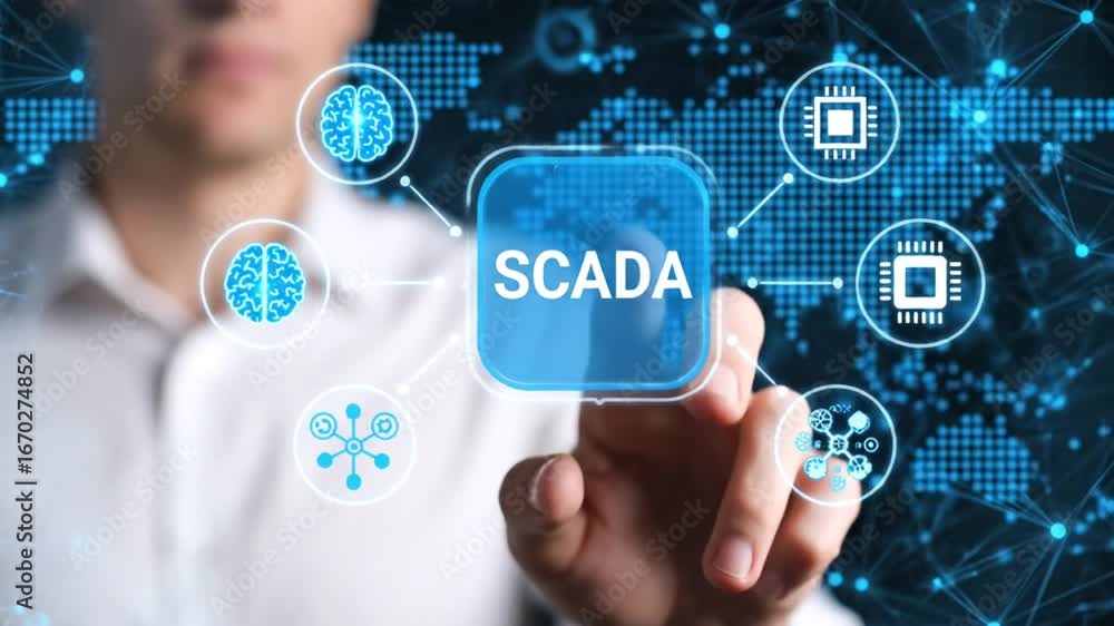 Aufkleber man touching scada interface on glowing world map network technology theme