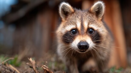 Fototapeta premium A close-up of an inquisitive raccoon peering into the camera, showcasing its playful nature and the charm of wildlife in a captivating environment.