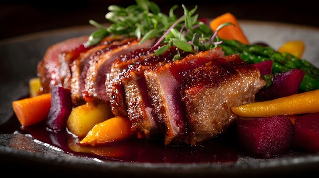 Seared duck breast with orange reduction and roasted root vegetables