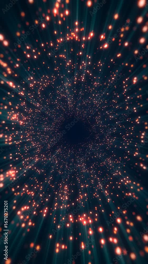 Poster immerse yourself in vibrant glowing red particles swirling in dark space, creating a unique atmosphe