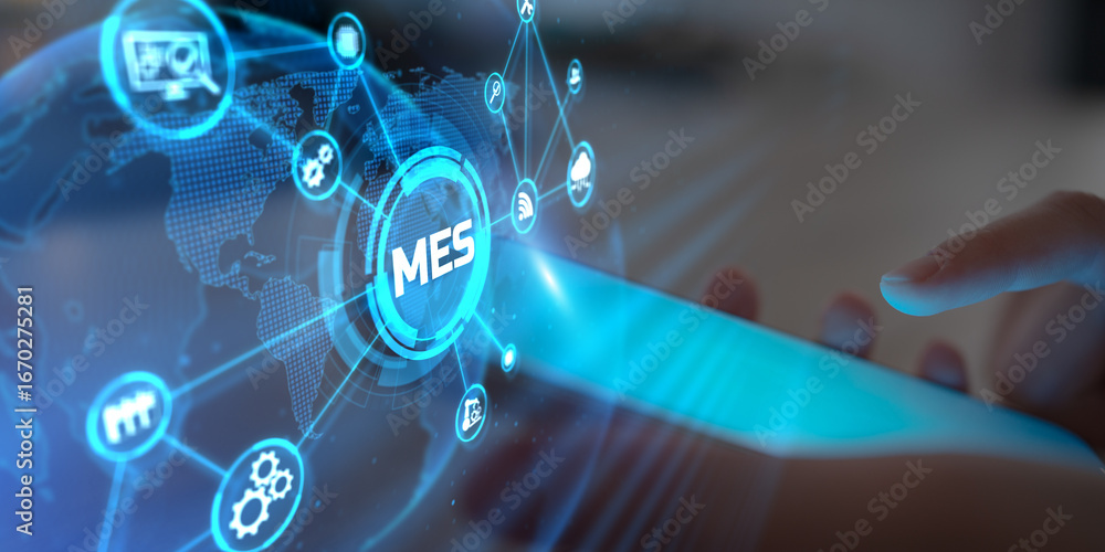Poster mes manufacturing execution system for smart production and industrial automation.