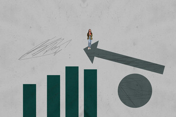 Collage with person observing rising arrow symbolizing startup growth business income statistics...