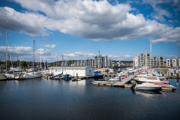 Boats and waterfront buildings at Chatham marina in North Kent