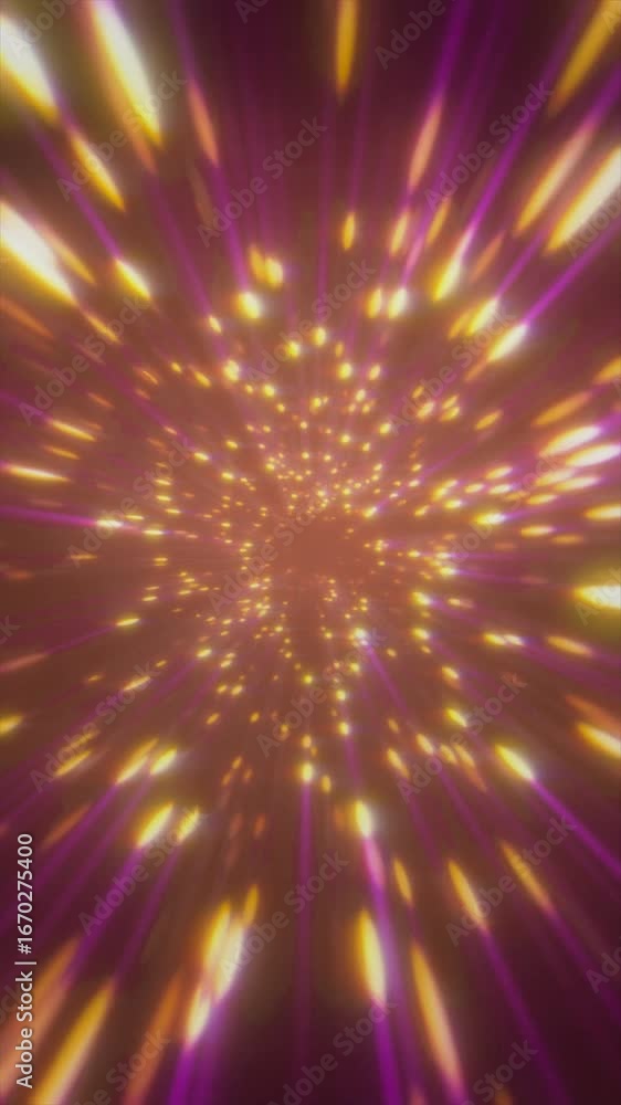 Poster colorful animated display of glowing orange particles radiating from a central point, creating an en