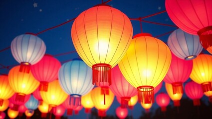 Obraz premium Vibrant Chinese Lanterns Glowing Brightly Against a Starry Night Sky
