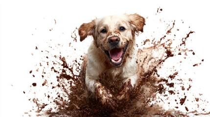 A joyful golden retriever dog leaps through a muddy puddle, showcasing its playful spirit and love for outdoor adventures, perfectly capturing the essence of fun and freedom in nature.
