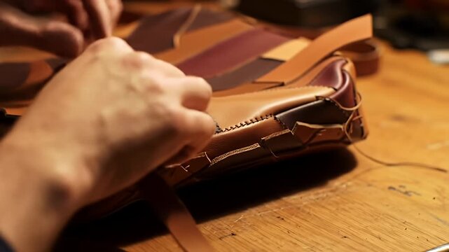 Artisan crafting a leather bag from colorful leather pieces on a wooden surface