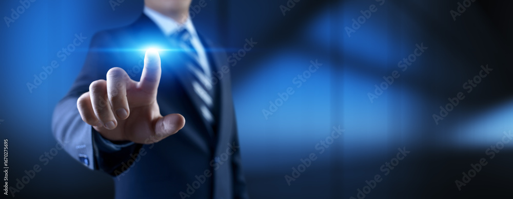 Aufkleber businessman pressing button on virtual screen, innovation and digital touch interaction on futuristi