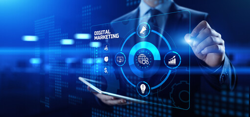 DIgital marketing online internet SEO SEM SMM. Businessman pressing button on screen.